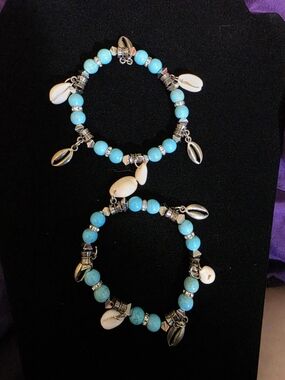 Turquoise Bead & Shell Charm Bracelet - Women Jewelry Set Of 2